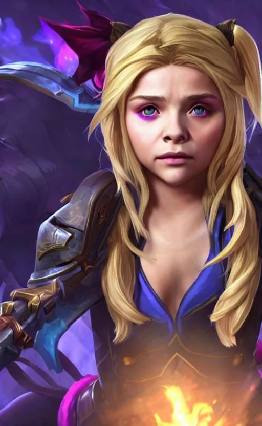 Image similar to Chloë Grace Moretz as a character in the game League of Legends, with a background based on the game League of Legends, detailed face, old 3d graphics