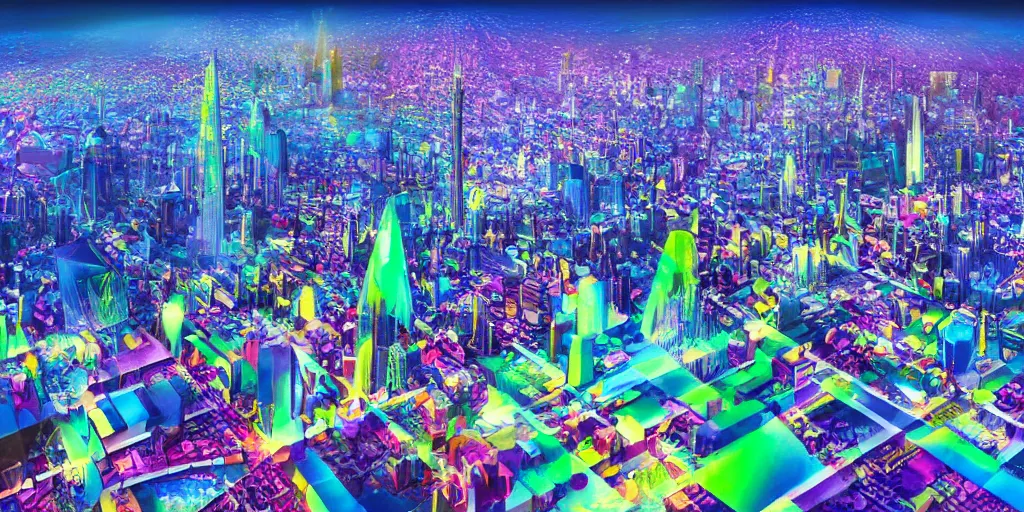 Image similar to City on Prism World, city inside of a crystal made of transparent prisms, fantasy world inside of a crystal, roads of light, rainbow colors, detailed matte painting, fantasy landscape, hyperrealistic