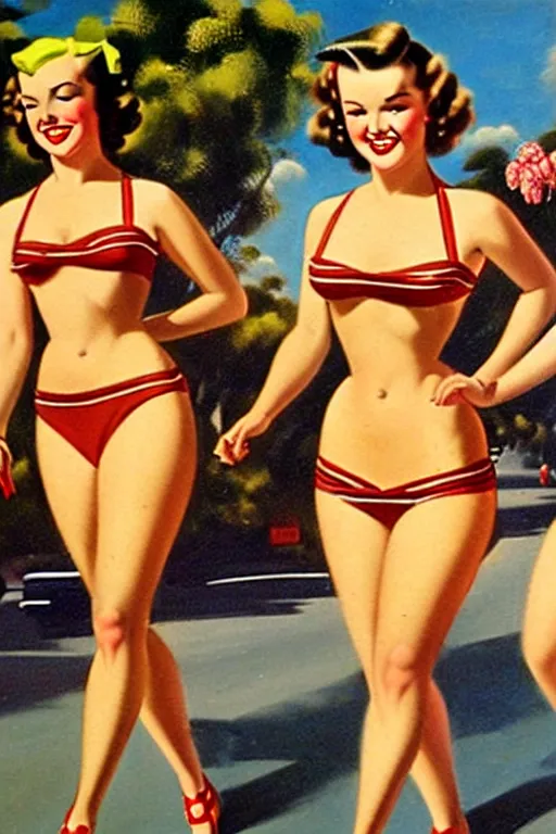 Prompt: 1940s group of pinup bikini girls walking down the street in 1940s Adelaide in Australia, oil painting, by Gil Elvgren