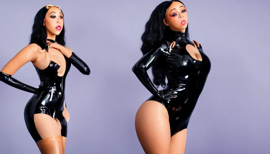 Prompt: Doja Cat as Cat Woman wearing latex suit and doing wide split