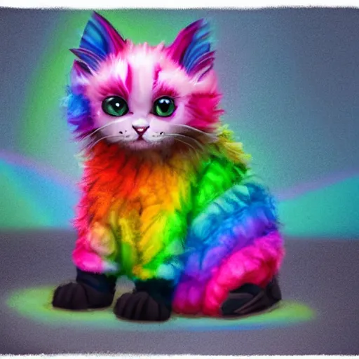 Image similar to wide angle full body, jacket wearing fluffy cute rainbow kitten wearing a black leather motorcycle jacket, riding on a motorcycle, cinematic concept art