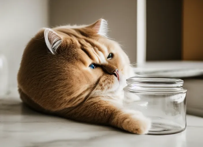 Prompt: 5 5 mm photo of a glass jar in the kitchen with a fat fluffy cat stuffed in it. fantasy magic style. highly detailed 8 k. intricate. lifelike. soft light. nikom d 8 5 0. cinematic post - processing