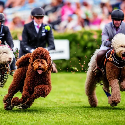 Prompt: action shot of people racing on labradoodles, equestrian photography, sports photography