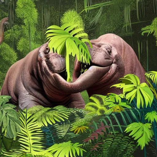 Image similar to a tyrannosaurus rex and a walrus hugging in a space jungle