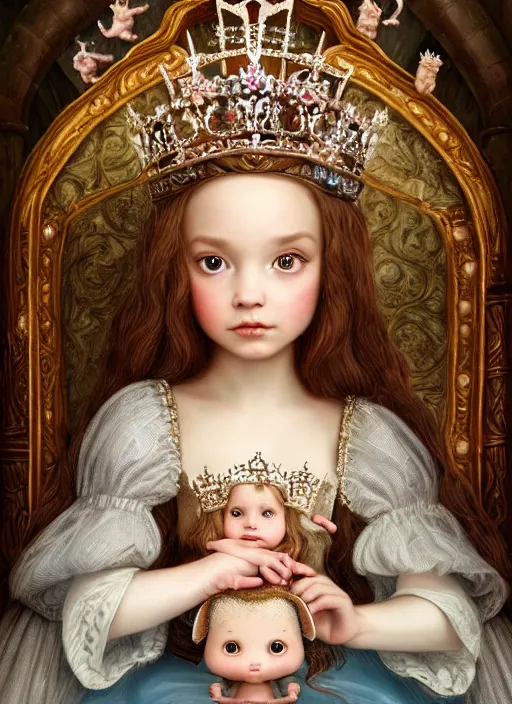 Image similar to highly detailed closeup portrait of a fairytale medieval princess wearing a crown and sitting on a throne, surrounded by cute bunnies, unreal engine, nicoletta ceccoli, mark ryden, earl norem, lostfish, global illumination, god rays, detailed and intricate environment