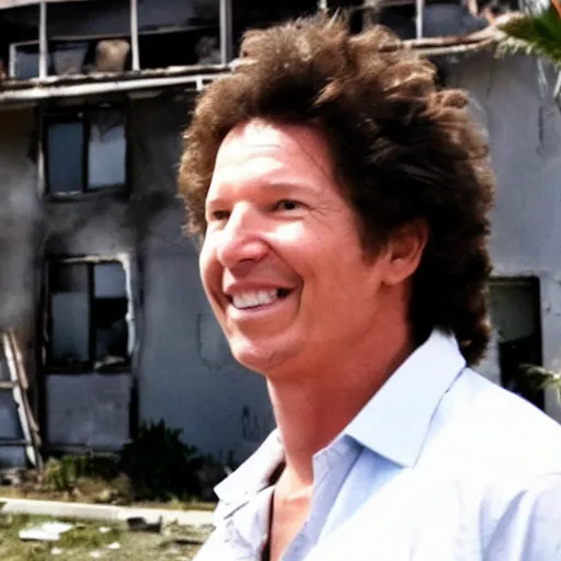 Prompt: a photo of an orphanage burning down in the background and neil breen smiling in the foreground, strong depth of field