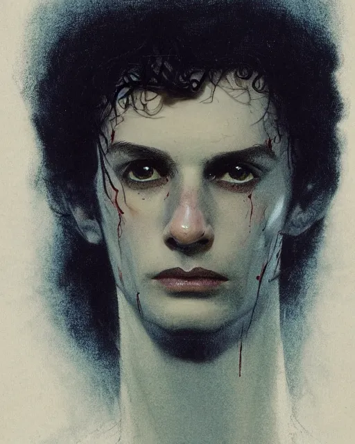 Prompt: a beautiful but sinister young man in layers of fear, with haunted eyes and wild hair, 1 9 7 0 s, seventies, woodland, a little blood, moonlight showing injuries, delicate embellishments, painterly, offset printing technique, by john howe, brom, robert henri, walter popp