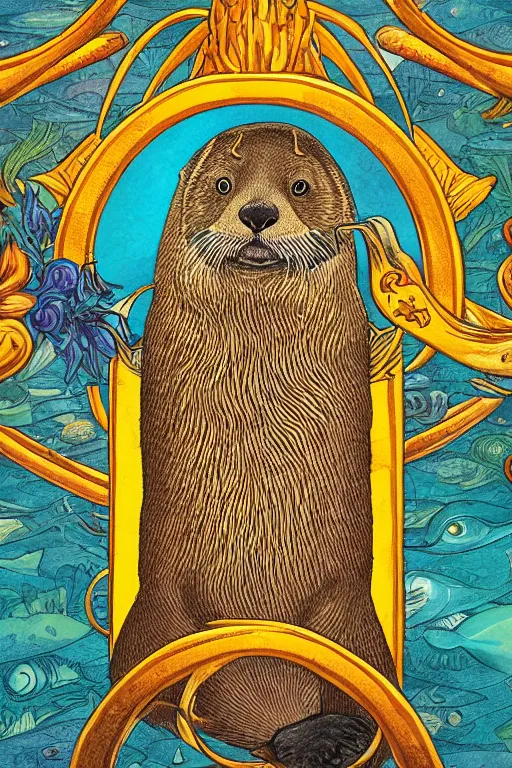 Image similar to tarot card illustration depicting a sea otter on the card the seven of fish, framed in an elaborate golden line border, tarot card, detailed illustration, sea otter, furry art, artstation, 4 k