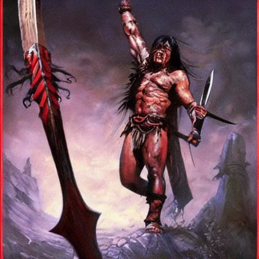 Image similar to “ conan the barbarian ” swings a “ great axe ” at a “ giant black spider, with red eyes ”. painting by ernie chan and earl norem.