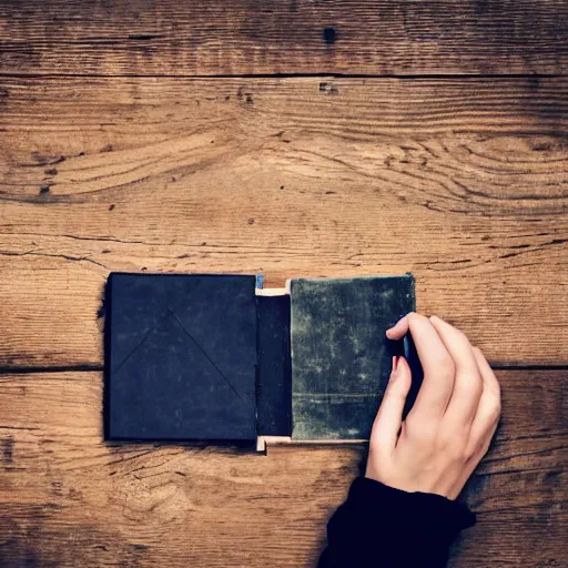 Image similar to a young woman finds a dusty diary on the floor of an old farmhouse, cinematic scene, movie, cinematic lighting