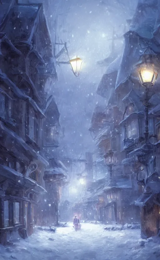 Image similar to a blurry ambient lantern in the distance of a snowy village at night, dynamic lighting, ambient lighting, atmospherical, photorealistic fantasy concept art, trending on art station, stunning visuals, creative, cinematic, ultra detailed