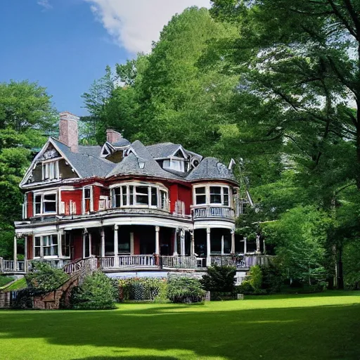 Prompt: Victorian mansion in the Maine countryside, a lake with a forested island beside it, national geographic n- 7