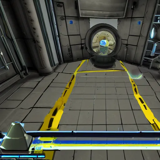 Prompt: test chamber involving pizza in portal 2, in game screenshot - n 9