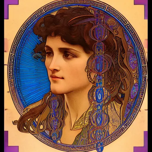 Prompt: a beautiful portrait of a woman inspired by the ishtar gate in ancient babylon. highly detailed face. art by alphonse mucha and alphonse mucha and alphonse mucha