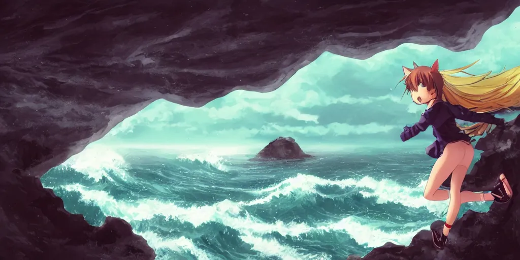 Image similar to anime catgirl jumping through a precipice on the coast up high, waves shattering on the rock, dramatic atmosphere, gloomy rainy weather, cinematic