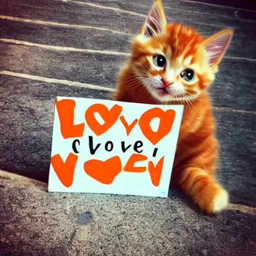 Image similar to cute fluffy orange tabby kitten with a sign that says