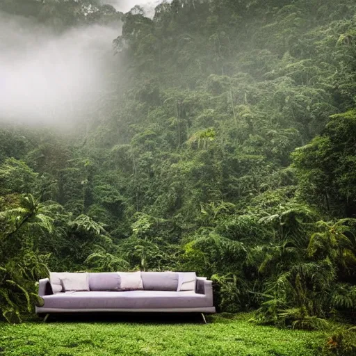 Prompt: a full length portrait of a giant autonomous sofa in a misty rainforest, surrounded by lush ferns and fir trees. surrounded by mountains and clouds and mist. featured on