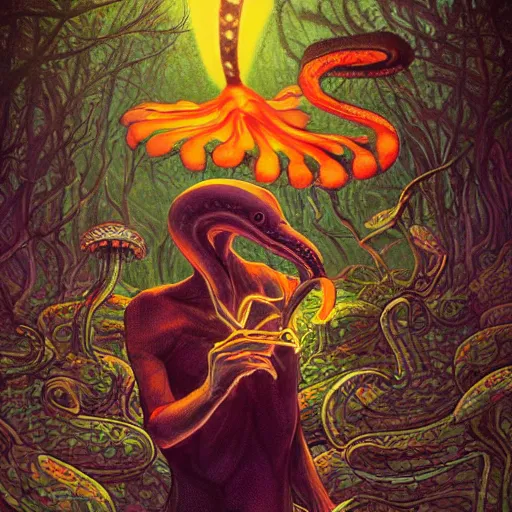 Prompt: A centered chest up portrait of a psychedelic demonic anthropomorphic snake smoking a hand-rolled cigarette smoking heavily , magic mushroom village in background , award winning. superb resolution. in the art style of junji Ito and greg rutkowski . Detailed Mushroom city in background. Hyper realistic anime. Perfect art. Dalle2