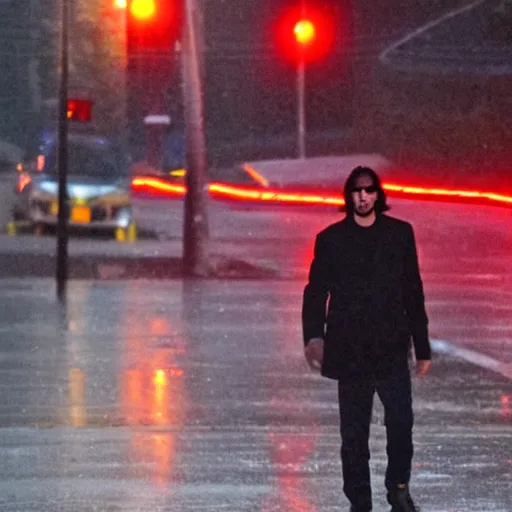 Prompt: keanu reeves walking in the rain on a reflective city street near a red flashing street light, highly detailed face and reflections misty dark