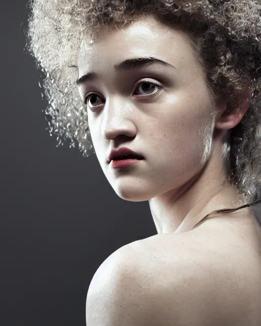 Prompt: photo of a model, julia garner, black hair, beauty, half body portrait, greg kutkowski, sharp details, soft lighting, subsurface scattering, pearls of sweat, glistening skin, warm lighting