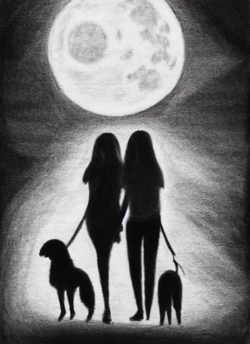 Prompt: young brown woman walking her dog in a park at night with a full moon charcoal drawing