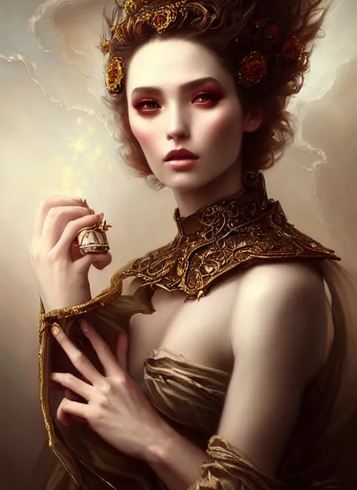 Image similar to a beautiful woman with baroque dress, painted by artgerm and tom bagshaw, fantasy art, dramatic lighting, highly detailed oil painting