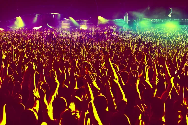 Image similar to a huge crowd partying with their hands up at a festival, silhouette, digital art, vivid colors, trending on artstation, 4k, unreal engine, intricate, ornate