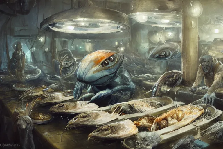 Prompt: fishmonger selling alien fishes by jean - baptiste monge, high quality, high resolution, 4 k, painted by cgsociety, rutkowski, gurney with ambient lighting, concept art, detailed, smooth, dynamic volumetric cinematic lighting, octane, raytrace