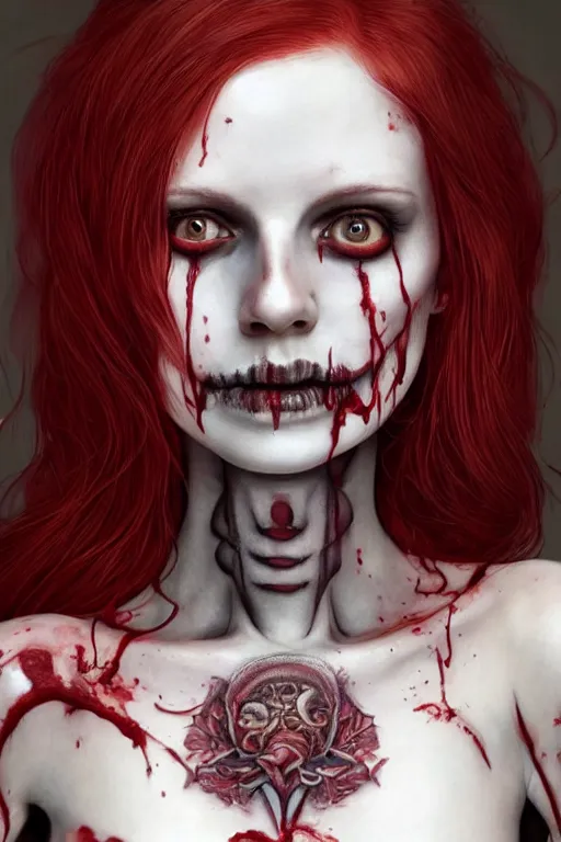 Image similar to pale woman covered with blood, rolyatistaylor face!!!, red hair, skeleton full body tattoo, ultra realistic, concept art, intricate details, highly detailed, 4 5 mm. photorealistic, octane render, 8 k, unreal engine. film still, heavy grain, 3 5 mm, art by artgerm and greg rutkowski and alphonse mucha