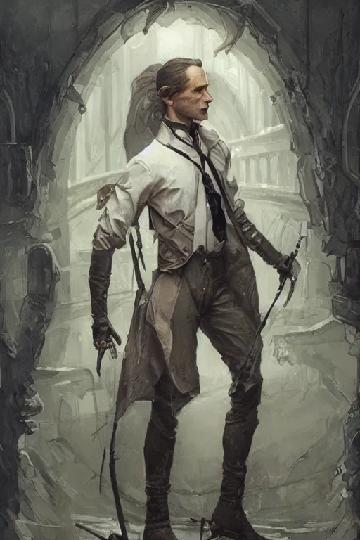 Image similar to skinny male fantasy alchemist, long dark hair, 1 9 2 0 s fashion, elegant, highly detailed, intricate, smooth, sharp focus, artstation, digital paining, concept art, art by donato giancola, greg rutkowski, artgerm, cedric peyravernay, valentina remenar