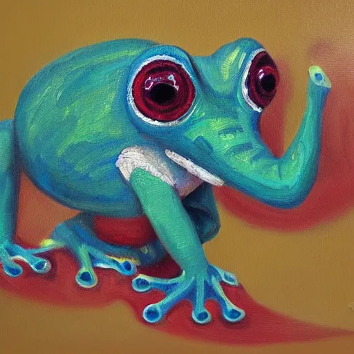 Image similar to frog - elephant creature, oil painting