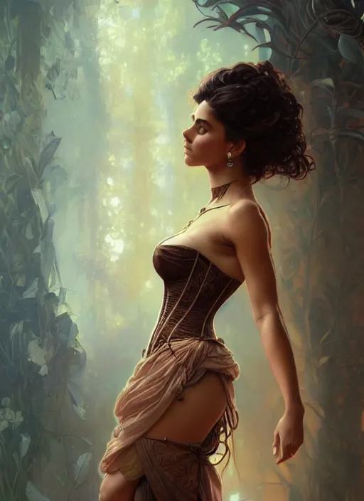 Image similar to cute brown woman wearing a translucent corset dress, fantasy, intricate, highly detailed, digital painting, artstation, concept art, wallpaper, smooth, sharp focus, illustration, art by artgerm and greg rutkowski and alphonse mucha