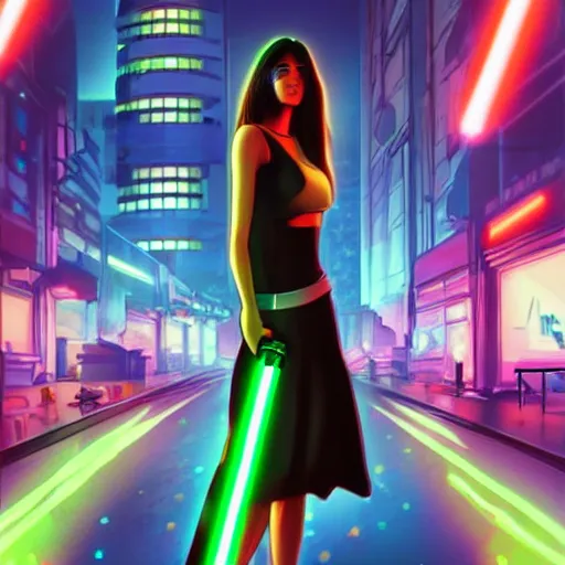 Image similar to a girl holding a lightsaber in a neon cyberpunk city at night, art station, digital art, cinematic, artgerm