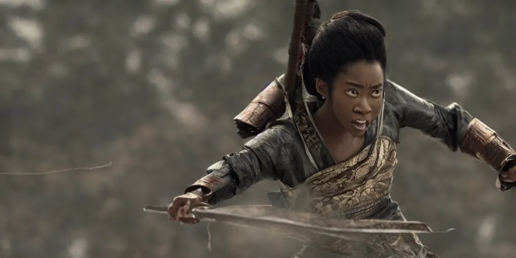 Image similar to a film still of a black woman starring in a japanese blockbuster film as ancient samurai, levitating mid air, intense, shallow depth of field, cinematic, award winning cgi, vfx, film still