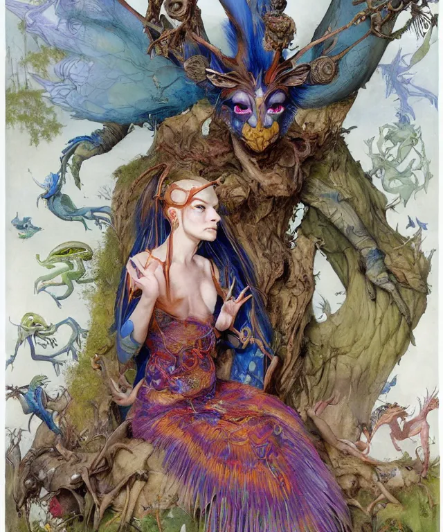 Image similar to a portrait photograph of a meditating fierce colorful harpy antilope super villian girl with slimy amphibian scaled blue skin. she is wearing a living organic dress. by donato giancola, hans holbein, walton ford, gaston bussiere, peter mohrbacher and brian froud. 8 k, cgsociety, fashion editorial