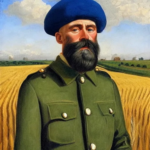 Prompt: soldier of slavic appearance with a white beard, white mustache, white hair in a green cap, green camouflage, in black trousers against a blue sky and wheat fields in the style of andrei riabovitchev, realism, portrait