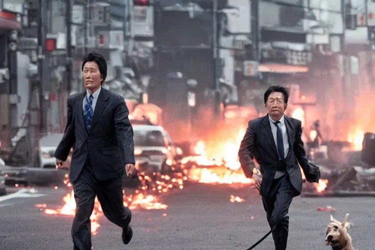 Image similar to cinematography action movie closeup portrait of a Japanese business man carrying his dog running from an explosion in Tokyo by Neil blomkamp