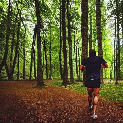 Prompt: athletic guy runs through a forest with tall trees, a photo from the back, perspective, pixel art,