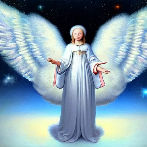 Image similar to highdetailed hyperrealistic painting of white angel!!! no gender!!!, giant ball of miracle light from the chest!!!!!, white sparkles everywhere, 4 k hd fur face!!!, big wings, by jan van eyck, holography space, glow effect, large strokes, white monochrome color!!!!!