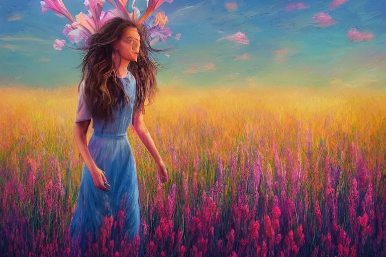 Image similar to giant gladiola head, girl walking in field of flowers, surreal photography, sunrise, blue sky, dramatic light, impressionist painting, digital painting, artstation, simon stalenhag