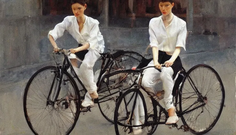 Image similar to painting by borremans, bella hadid riding a bike, detailed, stunning