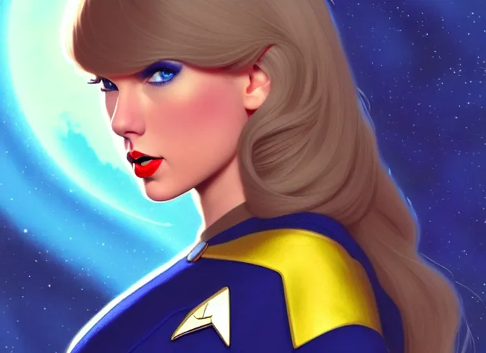 Image similar to a disney film still of taylor swift as a star trek officer, finely detailed features, closeup of the face, perfect art, dusk, blue hour, gapmoe yandere grimdark, trending on pixiv fanbox, painted by greg rutkowski, makoto shinkai, takashi takeuchi, alphonse mucha, akihiko yoshida