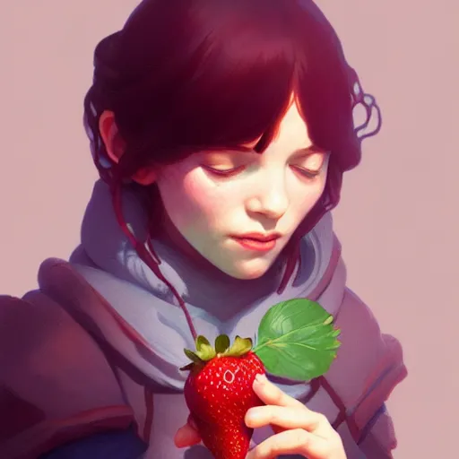 Image similar to Portrait of Madeline from celeste eating a strawberry, highly detailed, digital painting, artstation, concept art, sharp focus, illustration, art by greg rutkowski and alphonse mucha