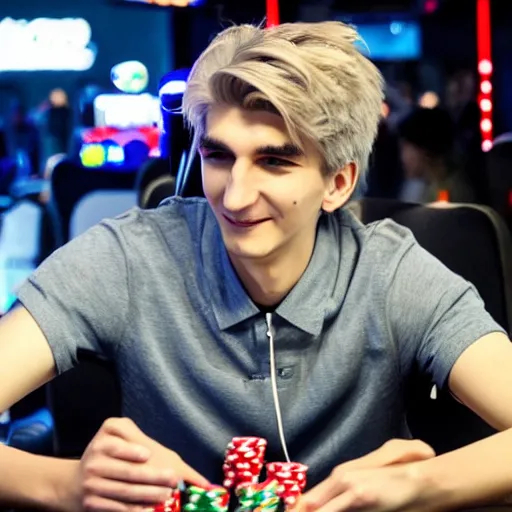 Image similar to handsome xqc gambling : : realistic : : 1 dslr : : 1 - - quality 2