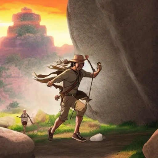 Prompt: Indiana Jones running away from boulder trap, boulder chase, underground sandstone temple background, giant round stone chasing Indian Jones, raiders of the lost ark, anime key visual