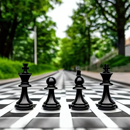 Prompt: a photo of four chess pieces with legs walking across a pedestrian crossing, like beatles abbey road, perspective, trees in the background