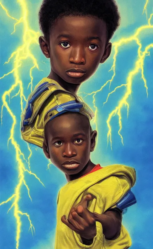 Image similar to upper half portrait of an african boy - in yellow cape - inside puffy clouds - surrounded by bolts of lightning - rays of light emanating from clouds - in drew struzan movie poster style, art by drew struzan & hsiao - ron cheng, highly detailed, digital painting, ray tracing, illustration, smooth, sharp focus, intricate, symmetry, artstation,