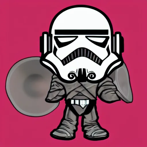 Image similar to svg sticker of a Pop-Wonder Storm-Trooper-Mandolorian-Helmet-Head-Hero-Villain at a rave, spinning records, giant headphones rocking out, wearing headphones, huge speakers, dancing, rave, DJ, spinning records, digital art, amazing composition, rule-of-thirds, award-winning, trending on artstation, featured on deviantart