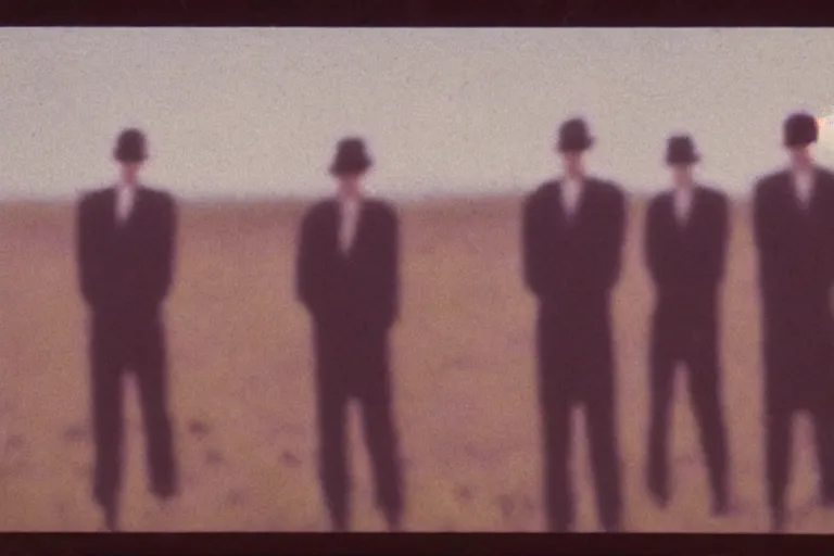 Prompt: 8 mm film still, blurry, grainy, liminal, unsettling, group of tall clone men in suits in a field at night, dark