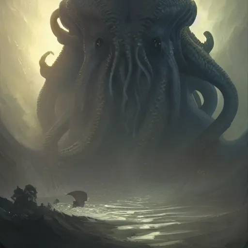 Image similar to gigantic cthulhu, size comparsion, small city, dramatic lighting, chiaroscuro, high detail, painted by greg rutkowski, painted by igor kieryluk, painted by bobby chiu, trending on artstation